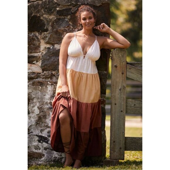 NEW Anthropologie The Raya Colorblock Tiered Tie Deep V-Neck Maxi Dress X-Large - Picture 5 of 8